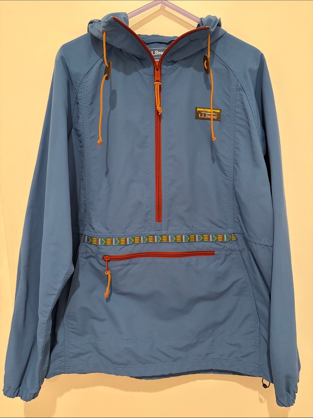 L.L. Bean Light Blue Hooded Windbreaker with Orange Trim